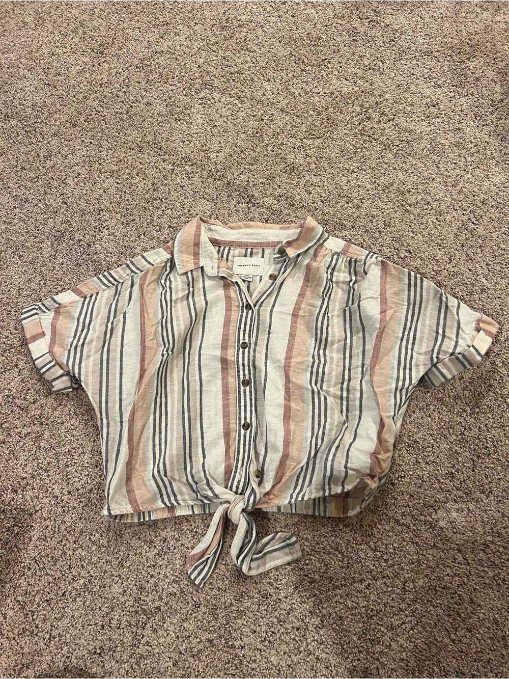 American Eagle Striped Tie-Front Button Shirt - Cream, Pink & Blue